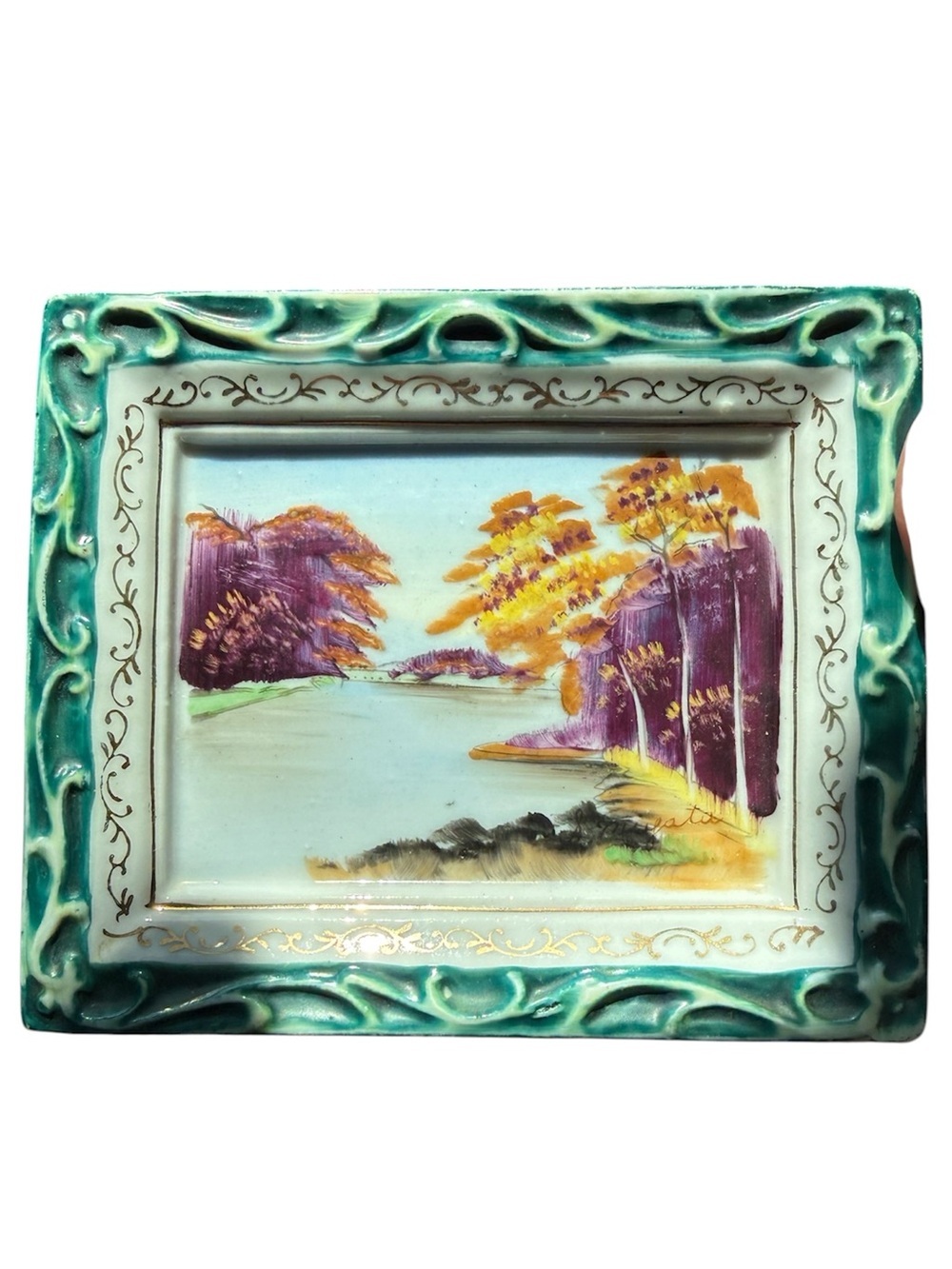 Vintage Japan Hand-Painted Ceramic Landscape Plaque in Teal and Purple